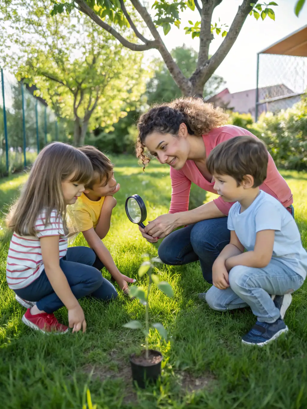 A photograph of children participating in an outdoor educational program, learning about sustainable practices and environmental stewardship in a fun and interactive setting.