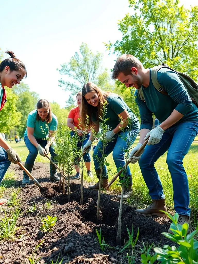 A picture of a group of volunteers planting trees in a local park, demonstrating the organization's involvement in sustainable development and community beautification.