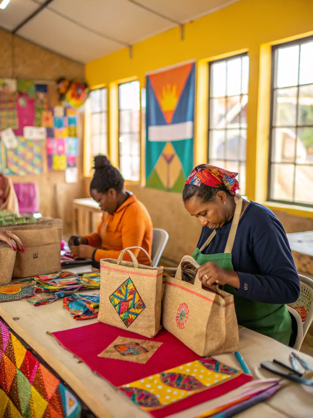 A vibrant image of participants creating sculptures from recycled materials during a sustainable art workshop, highlighting the organization's commitment to environmental consciousness.