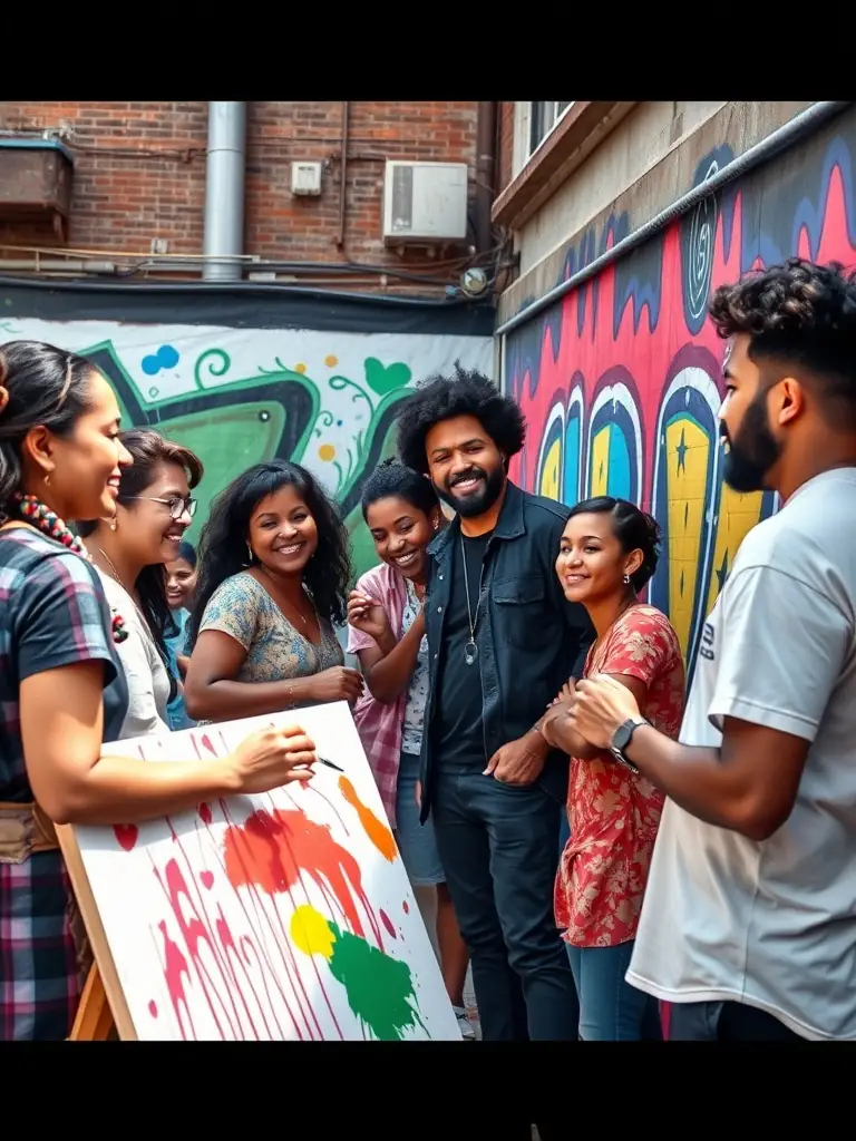 A photograph capturing a group of children and adults collaboratively painting a large mural outdoors, showcasing the Community Artistic Workshops program in action.