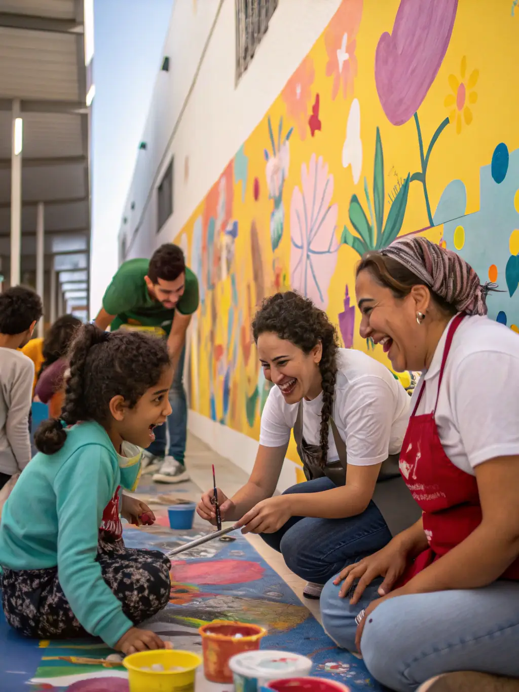 A vibrant photograph capturing participants of all ages engaged in a collaborative mural painting workshop, showcasing the community spirit and artistic expression fostered by COMPAHNS DE CADERONNE.